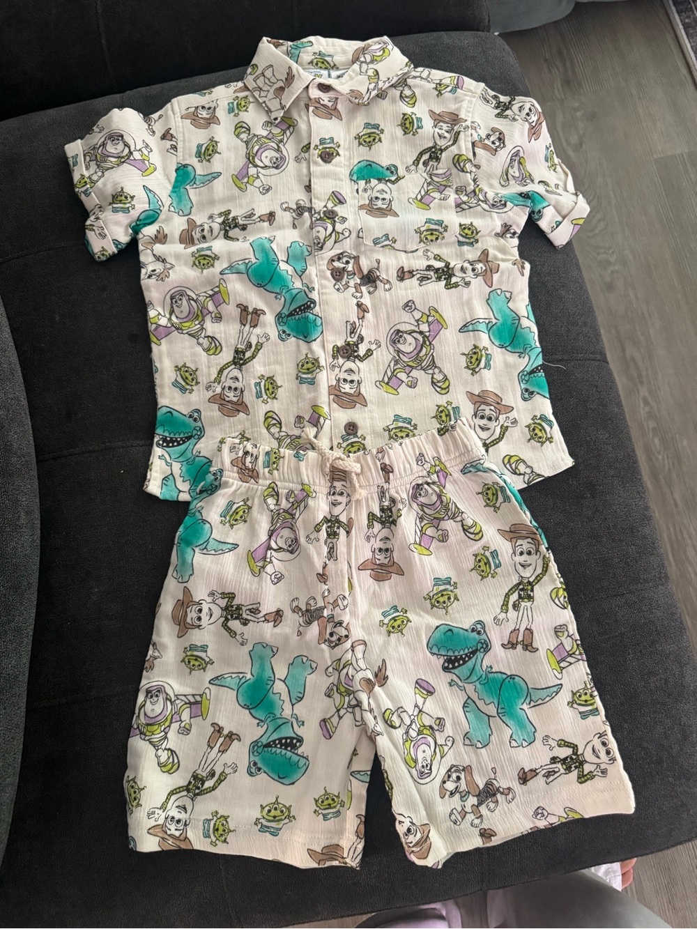 Kids' Short Pajama Set with Toy Character Print - Cream & Teal
